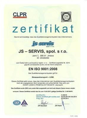 JS - SERVIS, spol. s r.o., mezinárodní a vnitrostátní nákladní doprava, certifikát ISO