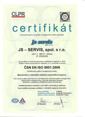 JS - SERVIS, spol. s r.o., mezinárodní a vnitrostátní nákladní doprava, certifikát ISO