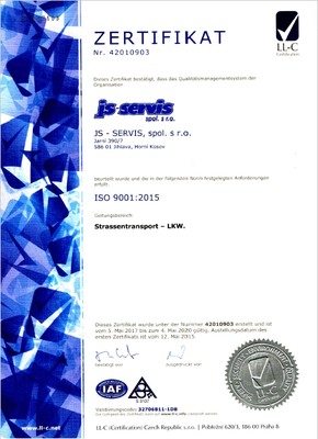 JS - SERVIS, spol. s r.o., mezinárodní a vnitrostátní nákladní doprava, certifikát ISO