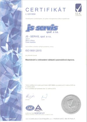 JS - SERVIS, spol. s r.o., mezinárodní a vnitrostátní nákladní doprava, certifikát ISO